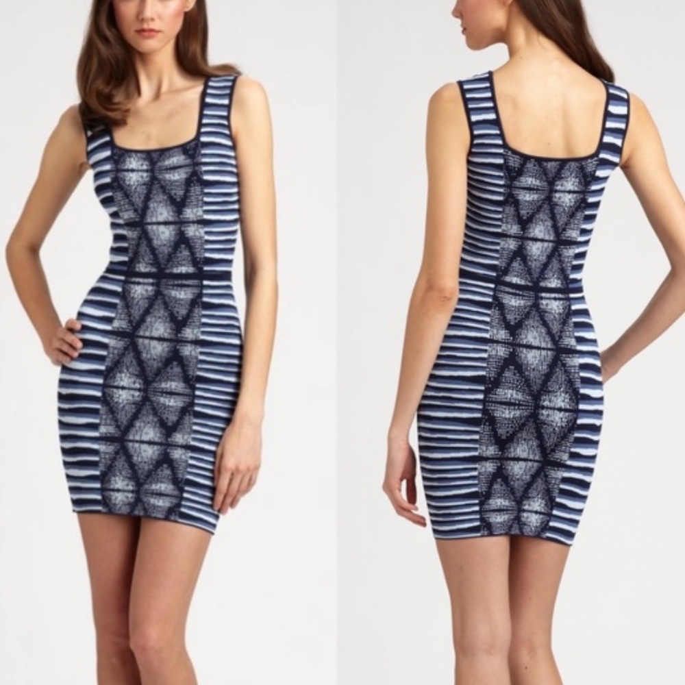 BCBG Maxazria Hailey Shibori Bodycon Knit Dress Blue Shades Size S